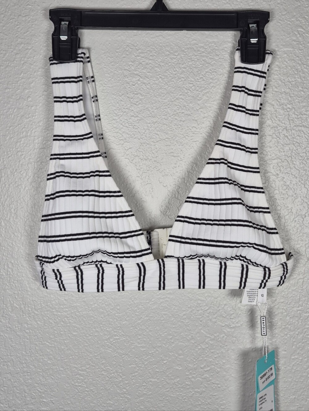 Seafolly Inka Stripe Fixed Triangle Bikini Top White Black Ribbed Size  UK 10